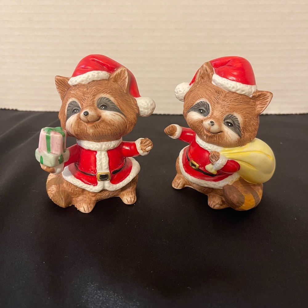 Homco Red and Brown Holiday Raccoon Figurines